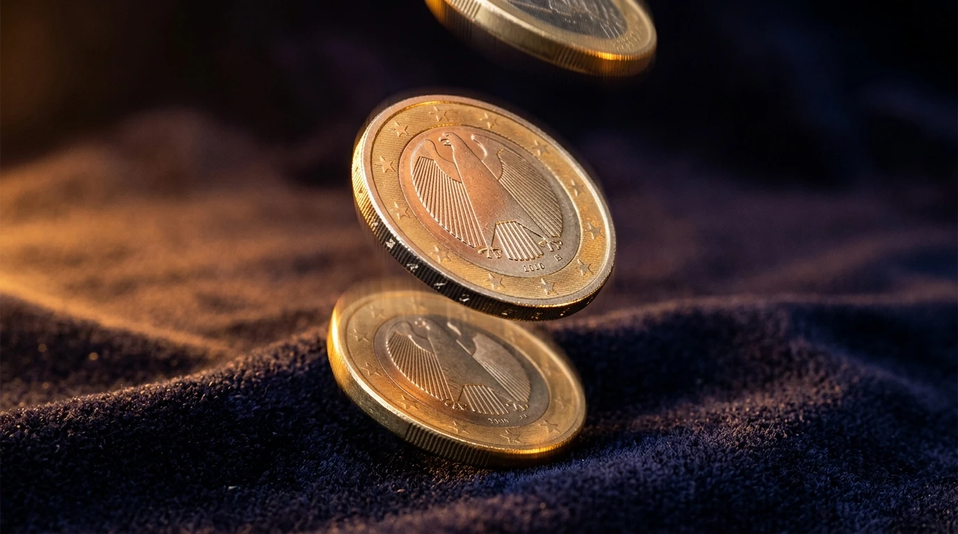 Stroboskopische Erfassung einer in der Luft rotierenden bimetallischen Euro-Münze mit Bundesadler-Prägung über Samt