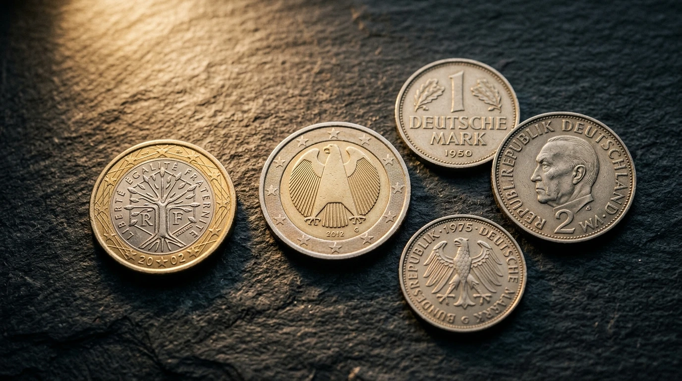 Arrangement von 5 europäischen Münzen darunter Euro und historische D-Mark auf dunklem Schiefer