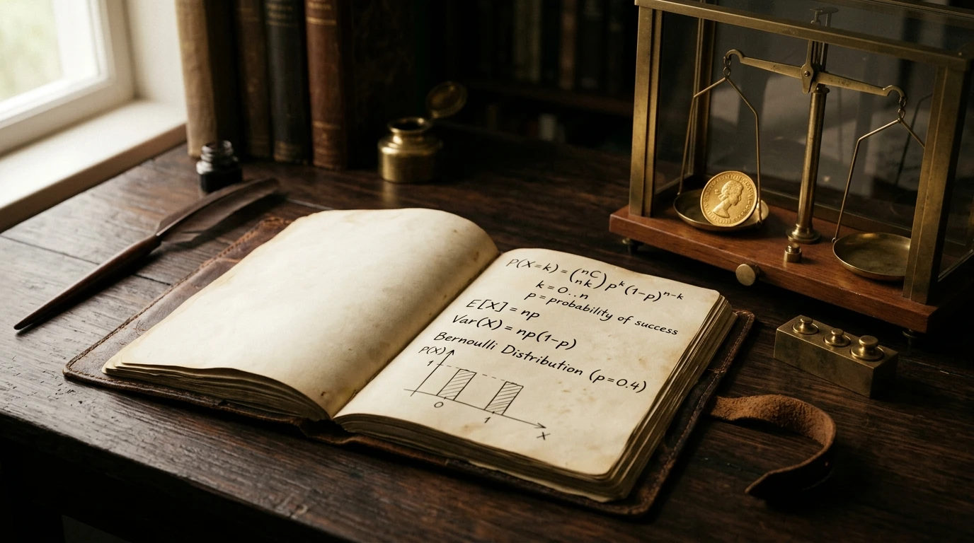 Historisches Notizbuch mit handgeschriebenen Bernoulli-Wahrscheinlichkeitsformeln und Präzisionswaage mit Goldmünze